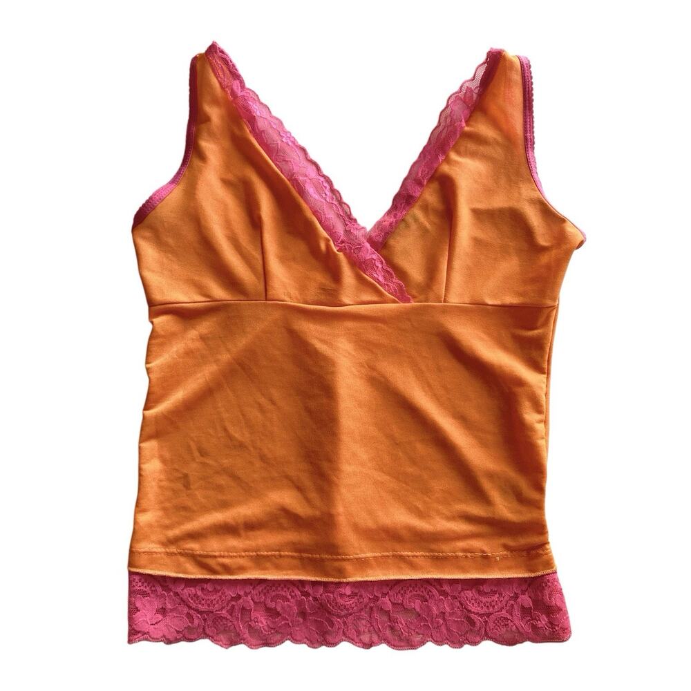 Vintage 90s Y2k Pink Orange Mesh Lace Whimsy Fairy Color Block Crop Tank Top XS